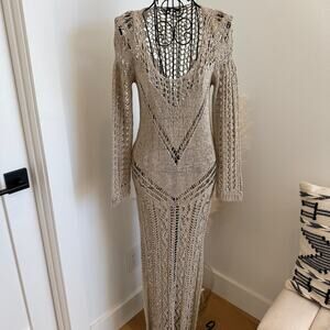 Woolnet Metallic Bronze Gold Crochet Knit Maxi Dress OS Long Sleeve Resortwear